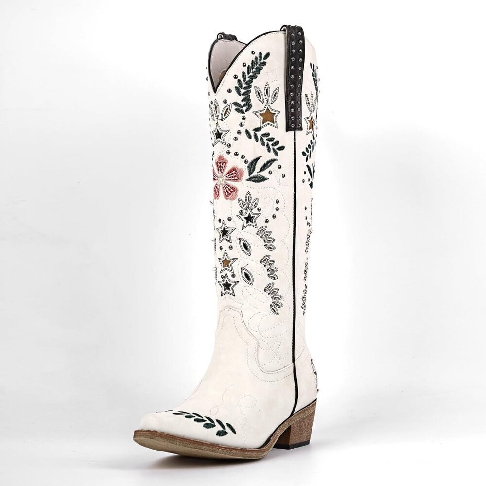 Women’s White Floral Embroidered Western Boots Knee High Studded Cowgirl Boots